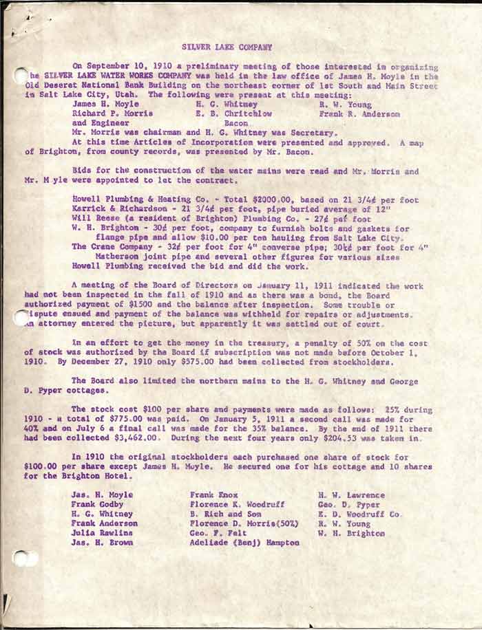 Silver Lake Water Company History pg1