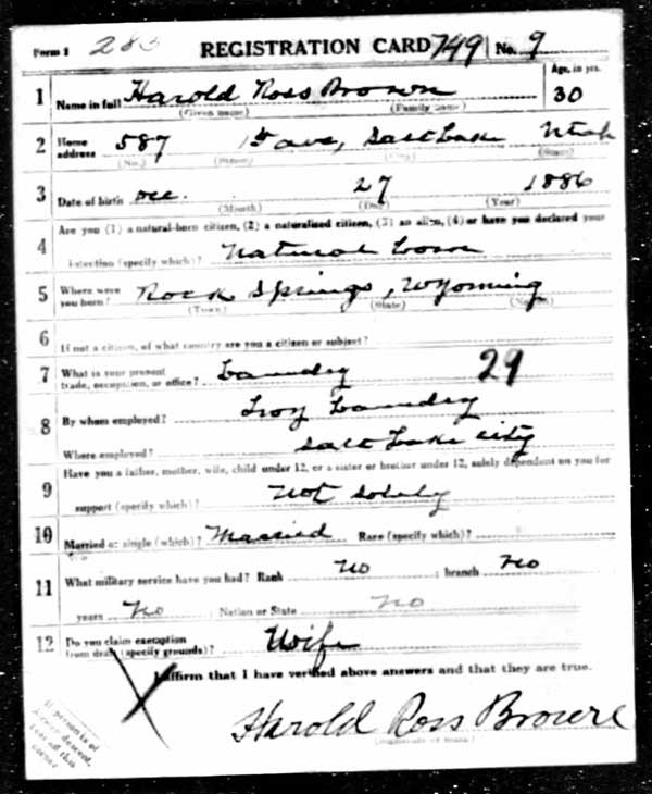 H. Ross Brown Military Draft Card